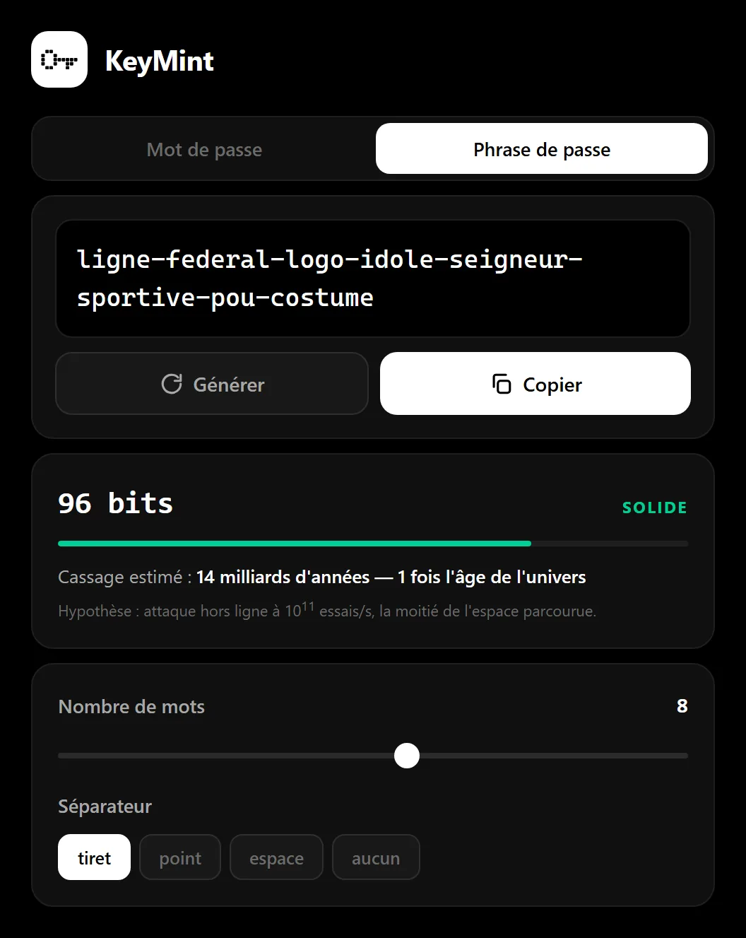 KeyMint — passphrase mode, rebuilt French wordlist